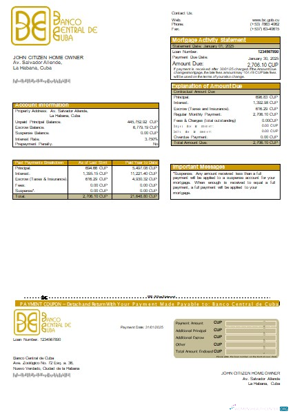 Download Cuba Banco Central de Cuba bank mortgage statement scr Photoshop template